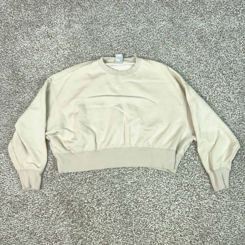 Nike Sweatshirt Womens XS Beige Crewneck Fleece Pullover Cropped Swoosh Logo Gym